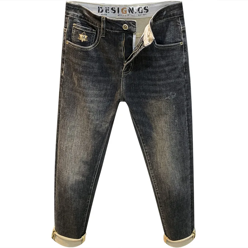 2024 Herfst High-End Jeans Herenbroek Trendy Zwart Grijs Gewassen Stretch Skinny Modieuze All-Match Slim Fit Denim Broek