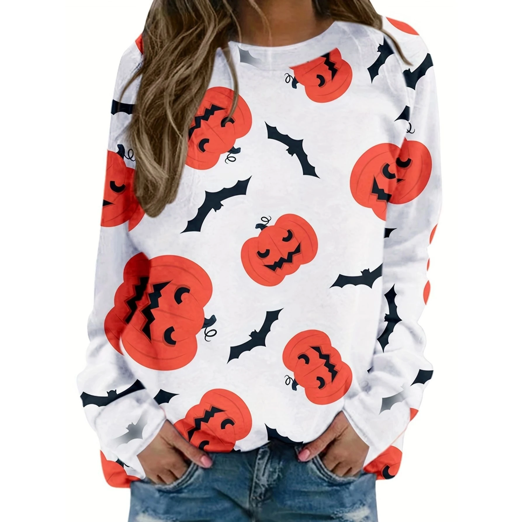 loween Pumpkin Print Long Sve Sweatirt Casual Sle Polyester Fabric round Ne Overhead Women's T-irt