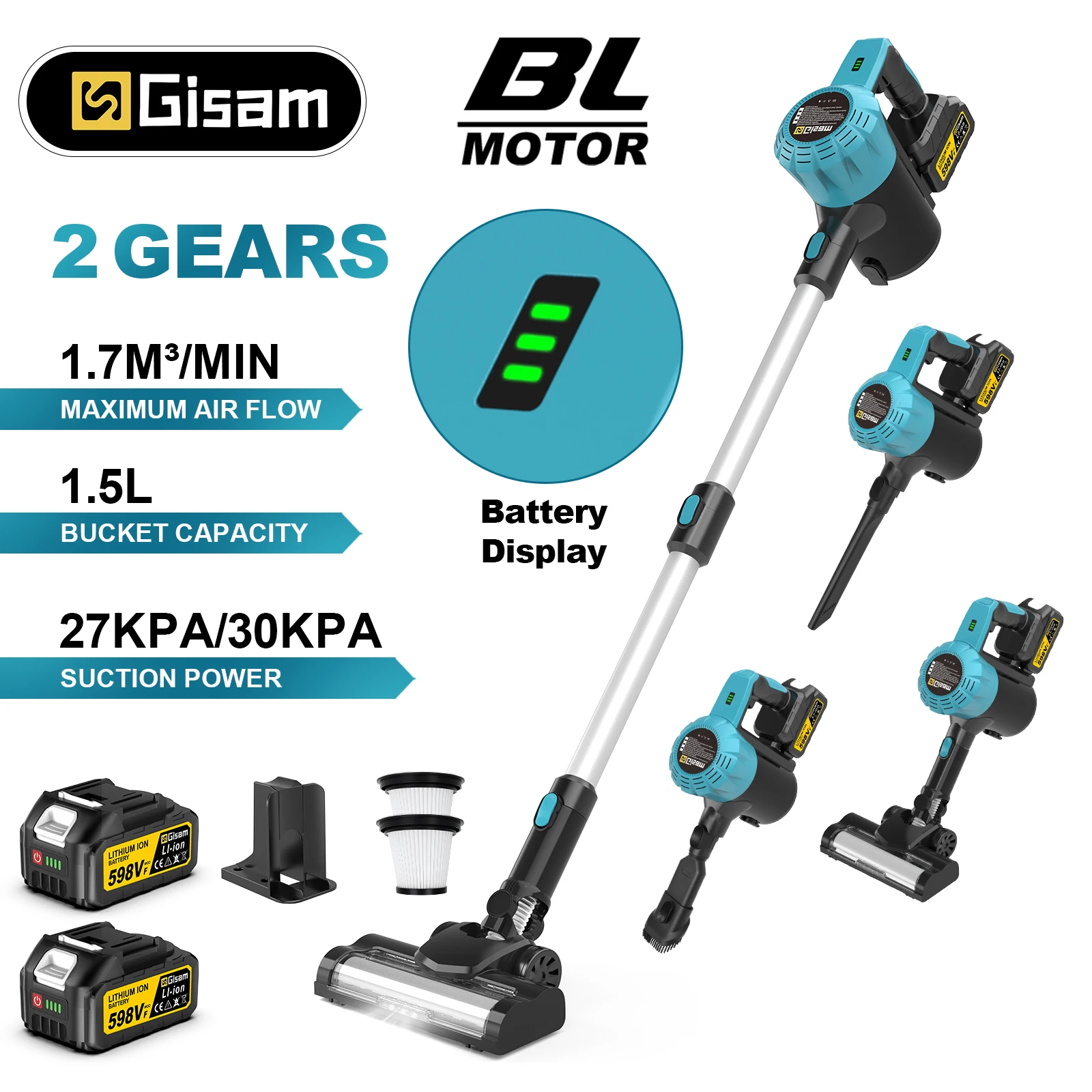 Gisam 30Kpa Bürstenloser elektrischer Staubsauger, 1,5 l, wiederaufladbarer Staubfänger, Reinigungswerkzeuge für Makita 18 V Batterie-Pin