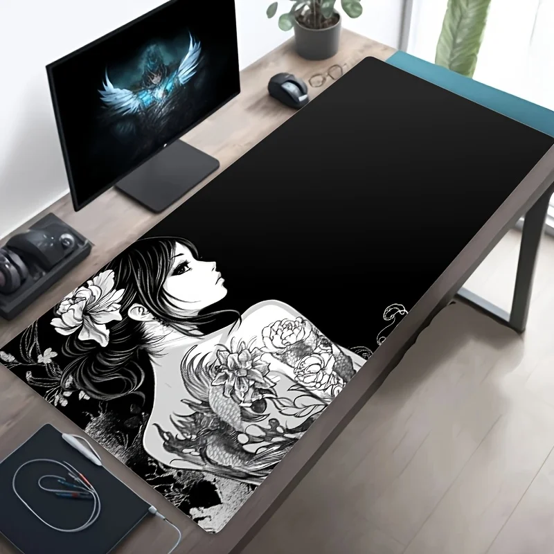A Japanese-style Floral Tattoo Girl Pattern Design Mouse Pad, Non-slip Desk Mat, Rubber Backing, Available in Multiple Sizes.