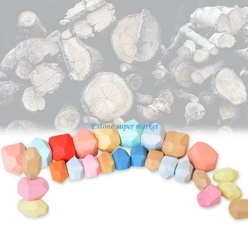 090B 36 ชิ้นเด็กไม้สีหินซ้อนเกมอาคารบล็อกเด็กสำหรับของเล่นเพื่อการศึกษาที่สร้างสรรค์