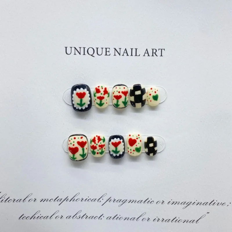 10 Pieces Spring and Summer Fresh and Elegant Handmade Press On Nails Saffron Checkerboard False Nails Removable and Reusable