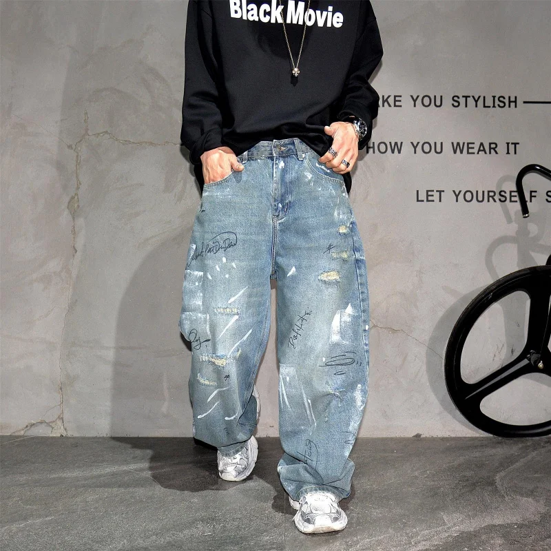 Men Vibe Y2K American Street Ripped Denim Pants Graffiti Painted Loose Straight Wide Leg Floor Length Versatile Daily Casual Pan