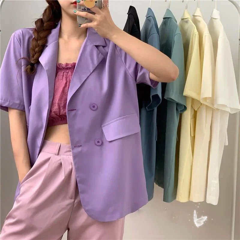 

Women Clothing Summer Short-sleeved Jacket Casual All-match Loose Double-breasted Blazers Woman Top Korean Chic White Blazer