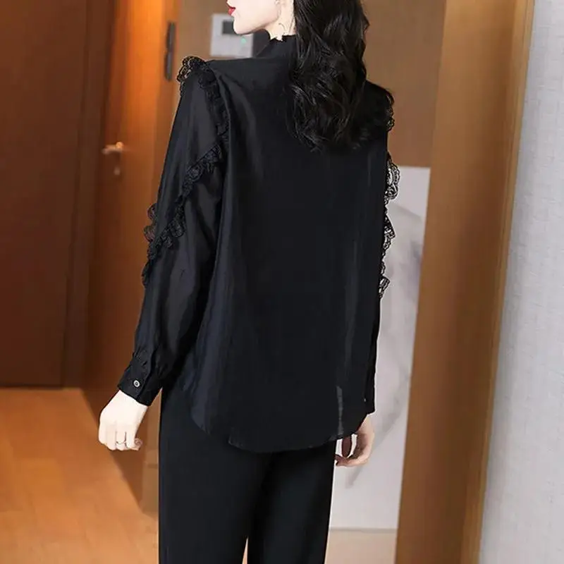 Elegant Lace Spliced Lapel Button Oversized Chiffon Shirt 2022 Autumn New Casual Tops Loose Commute Women\'s Clothing Blouse