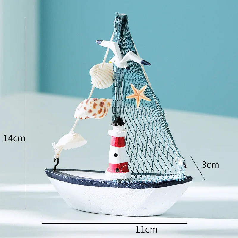 Mediterranean Style Wooden Sailboat Model, Mini Nautical Ship Ornament for Home Decor