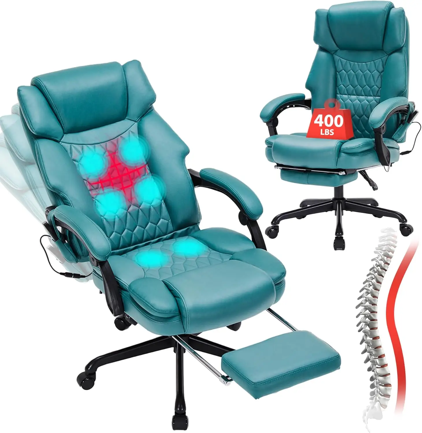 Massage Office Chair with Foot Rest 6 Points Vibration and Heat Home Office Desk Chairs for Heavy People 400lbs (Teal Blue)