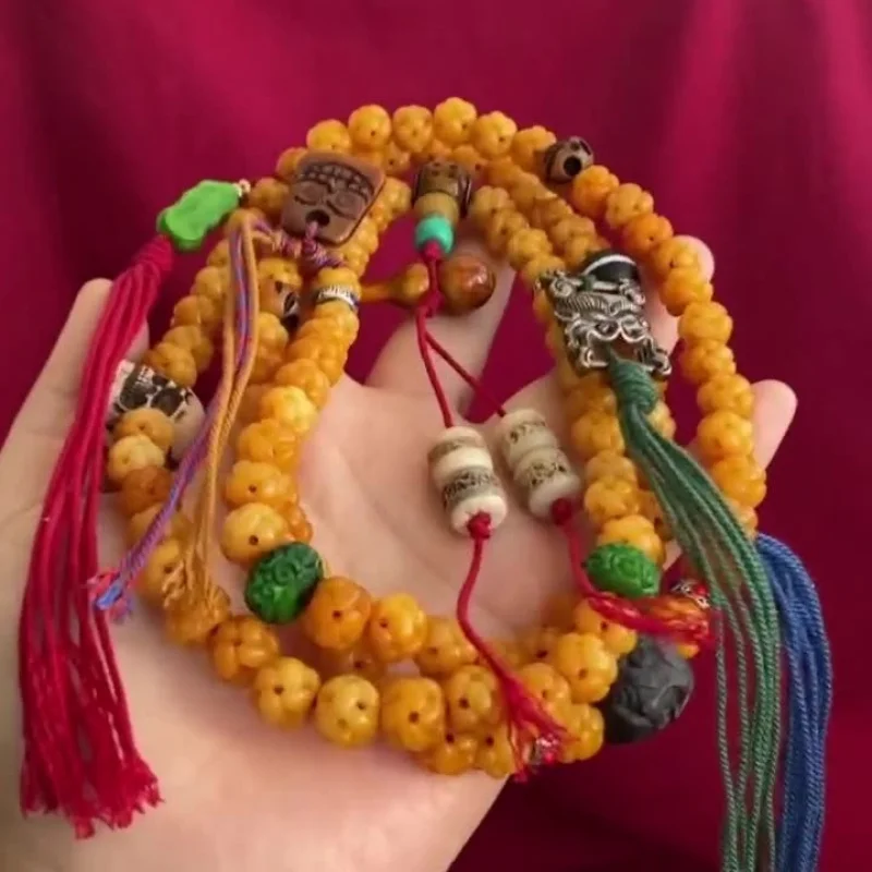

- antique yak necklace, Tibetan-style carved hollow cow bone 108-bead prayer beads, multi-loop bracelet