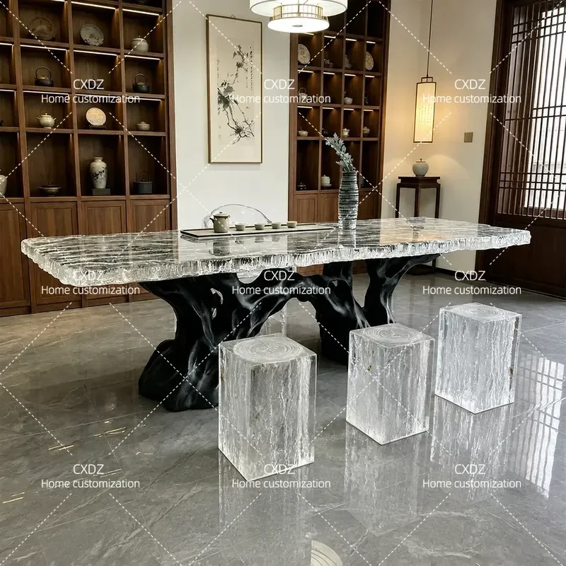 Transparent Resin Dining Table Glacier Water Ripple Effect Large Board Desk Art Coffee Tea Table Light Luxury Style for Villa