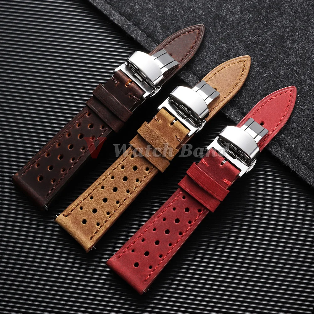 Vintage Racing Watch Strap Quick Release Brown Breathable Porous Watchbands 18mm 19mm 20mm 21mm 22mm 24mm Bands Butterfly Buckle