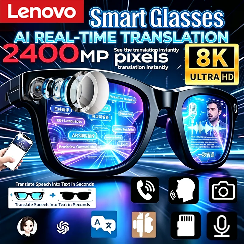 Lenovo Bluetooth AI Smart Glasses 8K Recording gafas inteligentes Remote Control Translator Voice Assistant Camera Touch Glasses