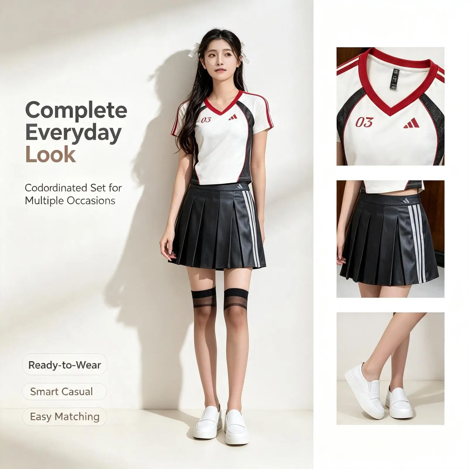 Adidas Color Block V-Neck Two-Piece Outfit Set Short Sleeve Top High Waist Pleated Skirt, Casual Sporty Matching Set