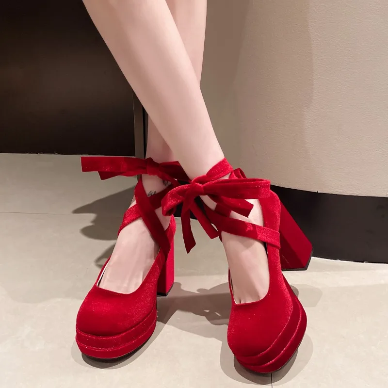 Super High Heel Square Heel Mary Janes Party Lace-up Women\'s Shoes on Sale 2024 Fashion Spring Shallow Solid Pumps Salto Alto