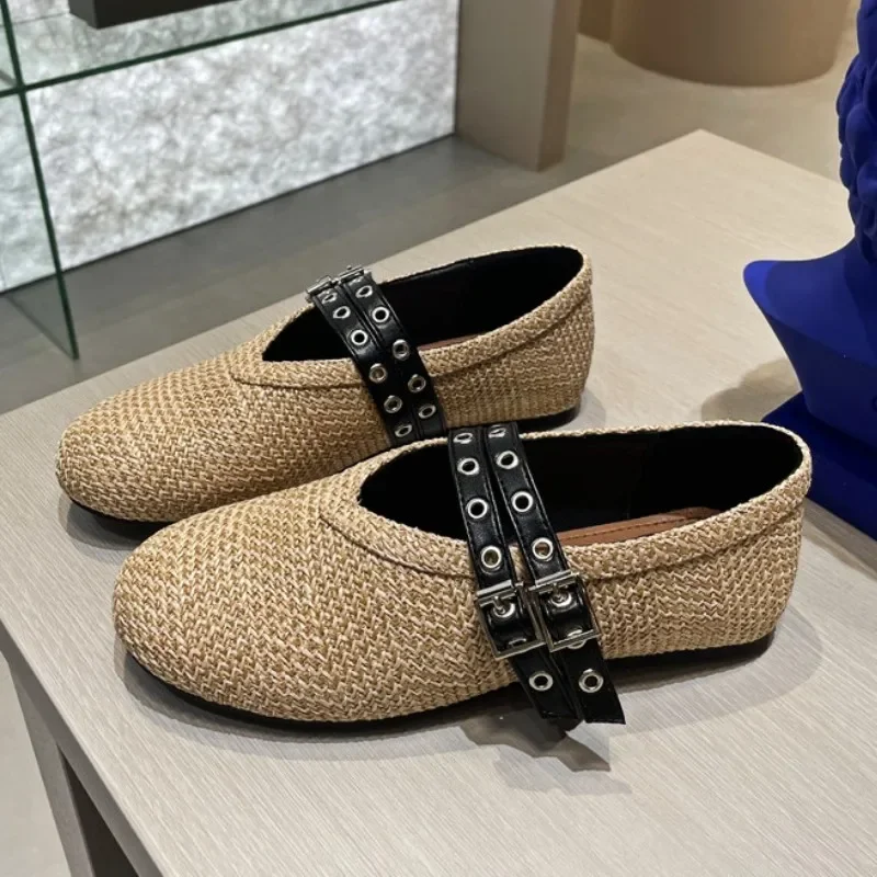 Woven Flat Ballet Shoes Brand Designer Shoes Female Belt Buckle Breathable Round Head Comfy Casual Twine Weaving Mary Jane Pumps