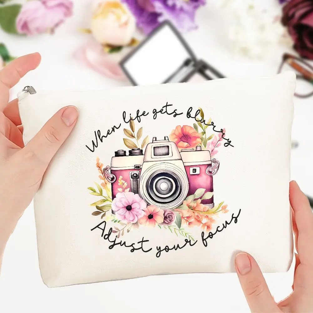 Chic Bohemian Floral Camera Makeup Bag for Women Canvas Cosmetic Pouch with Inspirational Quote Zip Closure Ideal for Travel