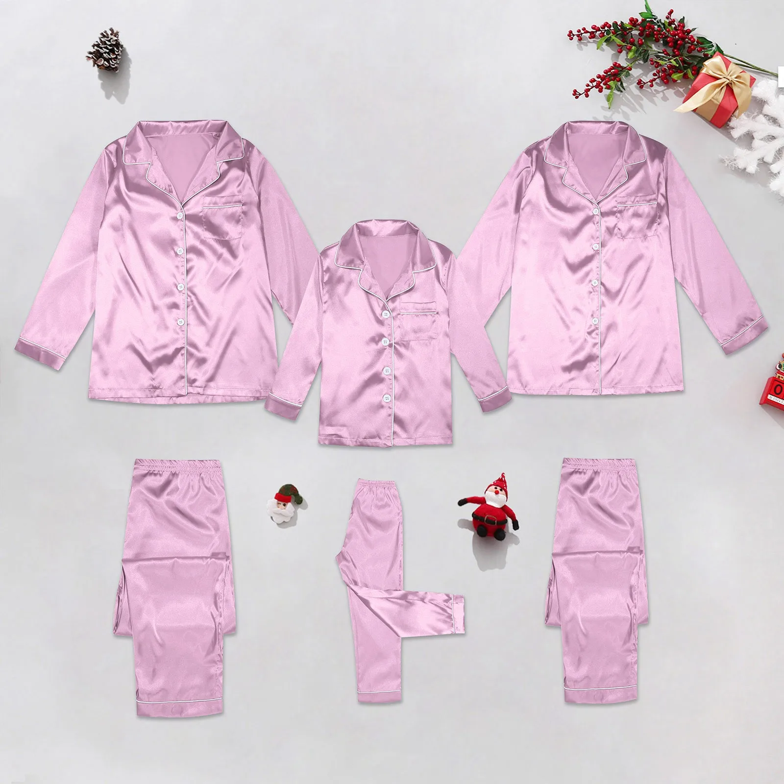 Christmas Home Women'S Silk Pajama Autumn 2 Piece Plus Size Family Matching Outfits Long Sleeve Mother-Kids Pink Stitch Pajama