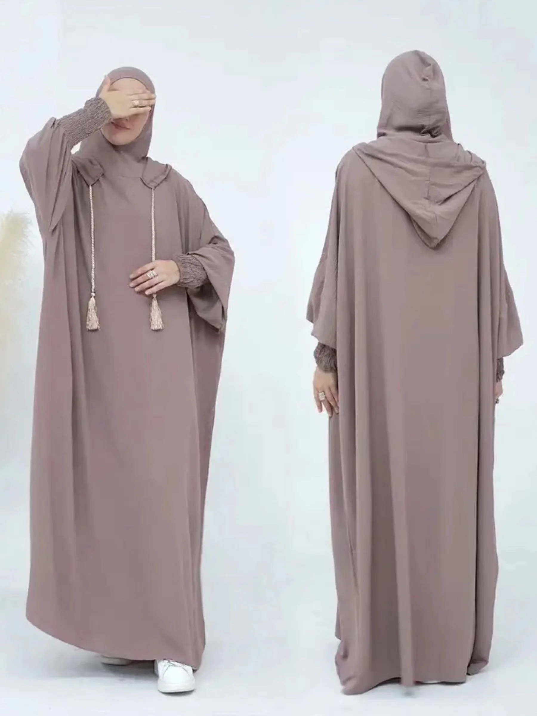 2024Eid MuslimTwo Hats Abaya Dubai  Abaya Morocco Ramadan Jilbab Hooded Prayer Dresses Vestido Kaftan Islam Arab Long Robe