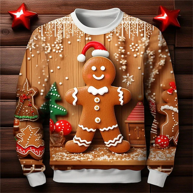 

New 3D Gingerbread Man Printed Sweatshirts Men Women Cute Christmas Festival Graphic Pullovers For Men Kid Fashion Funny Clothes