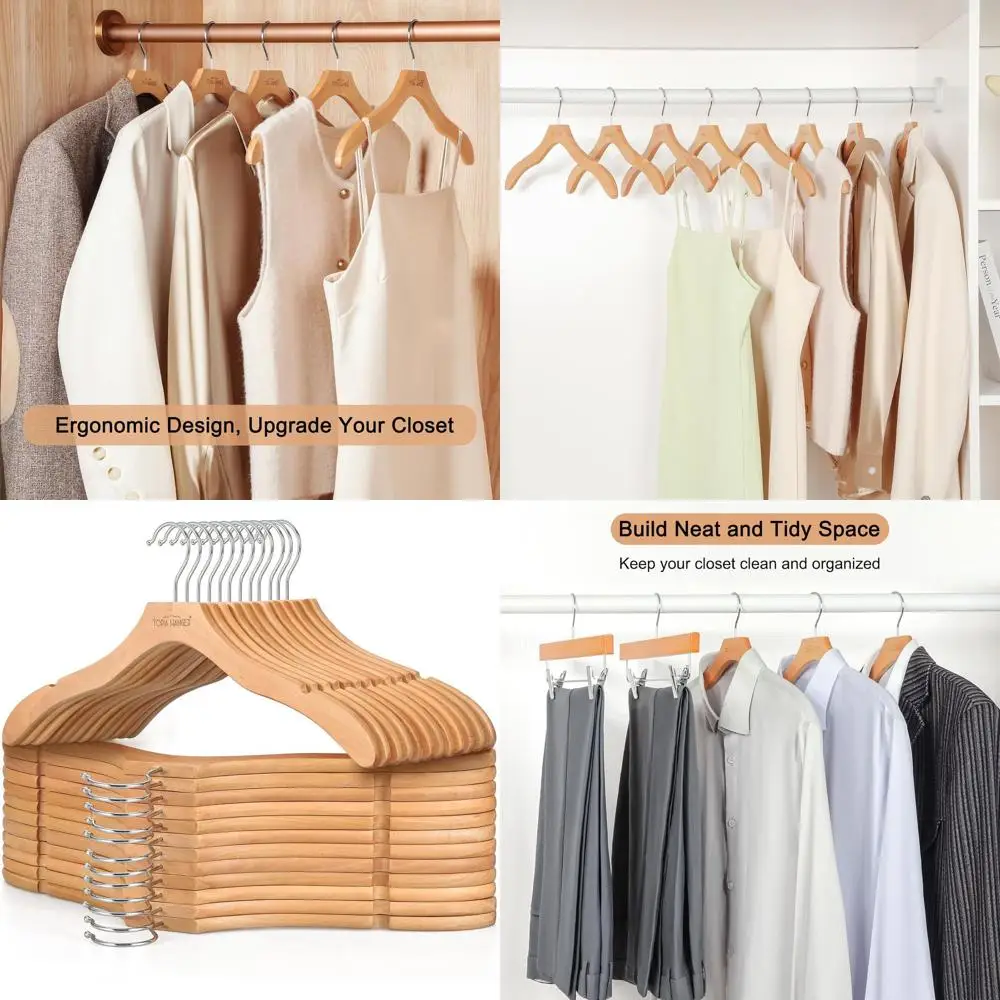 

24 Pack Premium Wooden Suit Hangers, No Shoulder Bump, 360° Swivel Hook, Cut Notches for Sweaters, Coats, Shirts, Jackets, Dress