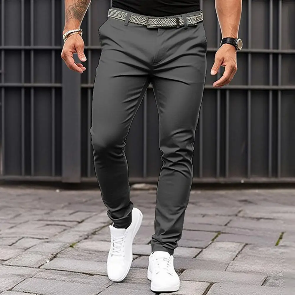 Pantalones de traje ajustados para hombre, pantalones de traje de Color sólido con tiro medio, bolsillos inclinados con cremallera, ropa de trabajo