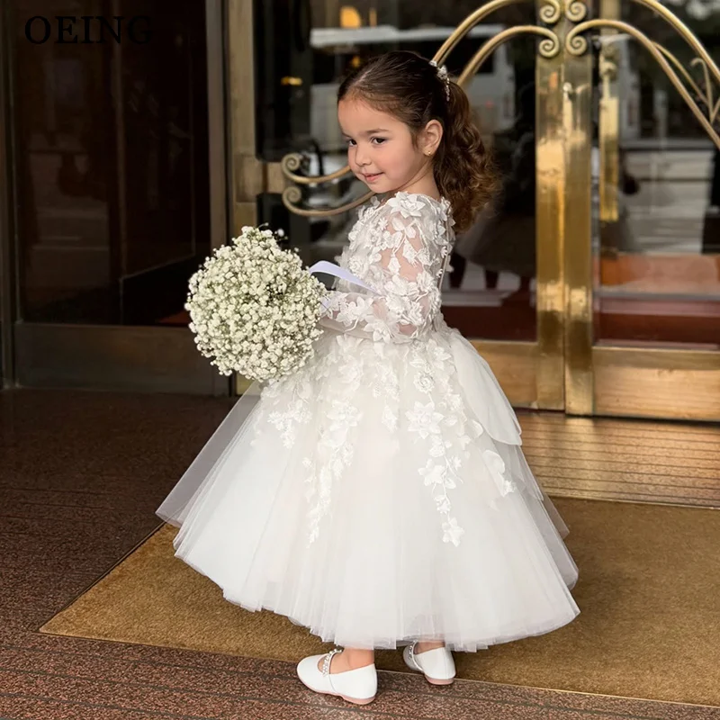 

OEING Luxury A-Line Flower Girl Dresses Princess Ivory Midi Appliques Wedding Party Dress Draped Birthday Dress Customized