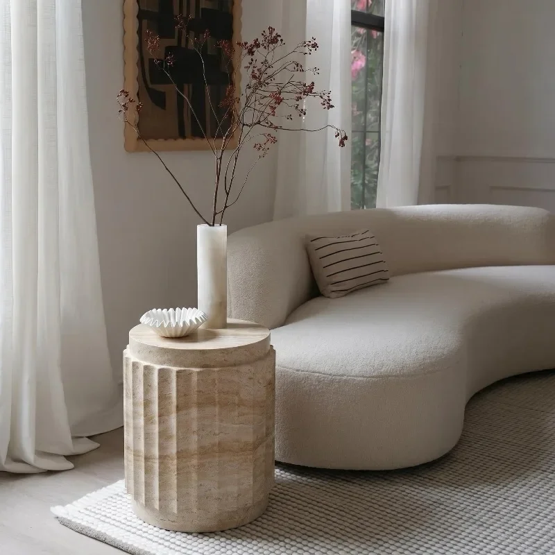 Rustic Vertical Fluted Imitation Travertine Cylinder Side Stool Texture Drum Shape Low Entryway Minimalist Decor End Table