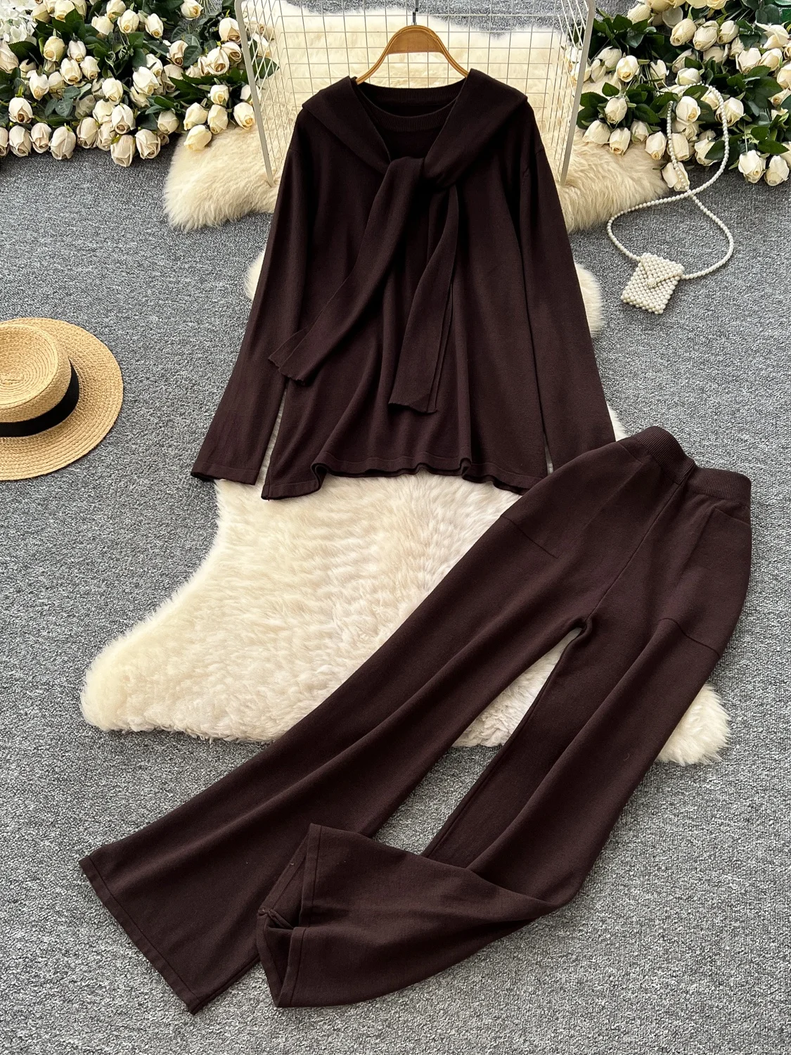 طقم خريفي نسائي من Ele mat بخصر عالٍ طويل Sve مستدير Ne مع سروال طويل ثنيات بدلة مكونة من قطعتين #2