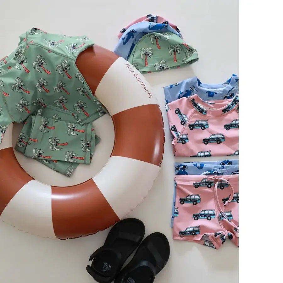 3 Stuks Set Cartoon Print Kids Jongens Badmode Kinderen Badpak Kinderen Surfen Pak Zwemkleding Voor Jongens Strandkleding Met Hoed