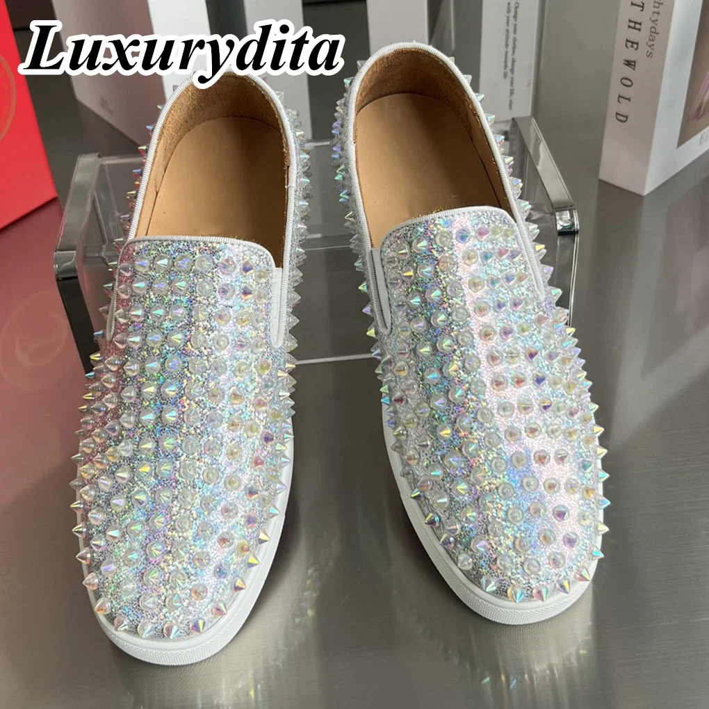 

Top Quality Womens Trendy Casual Sneakers Luxury Mens Real Leather Tennis Shoes Designr Red Sole Tide Lovers Rivet Shoes HJ1140