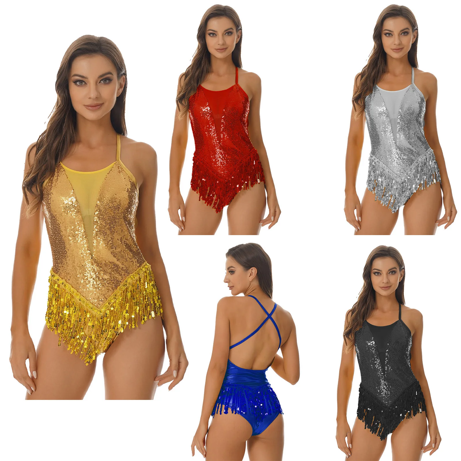 Womens Sparkling Latin Jazz Dance Leotard Bodysuits Sequins Fringed Leotard Cross Back Bodysuit Latin Dance Performance Costume