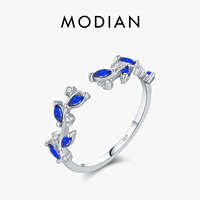 MODIAN Sparkle Royal Blue Zircon Rings 925 Sterling Silver Fashion Leaves Open Size Finger Rings For Women Fine Jewelry