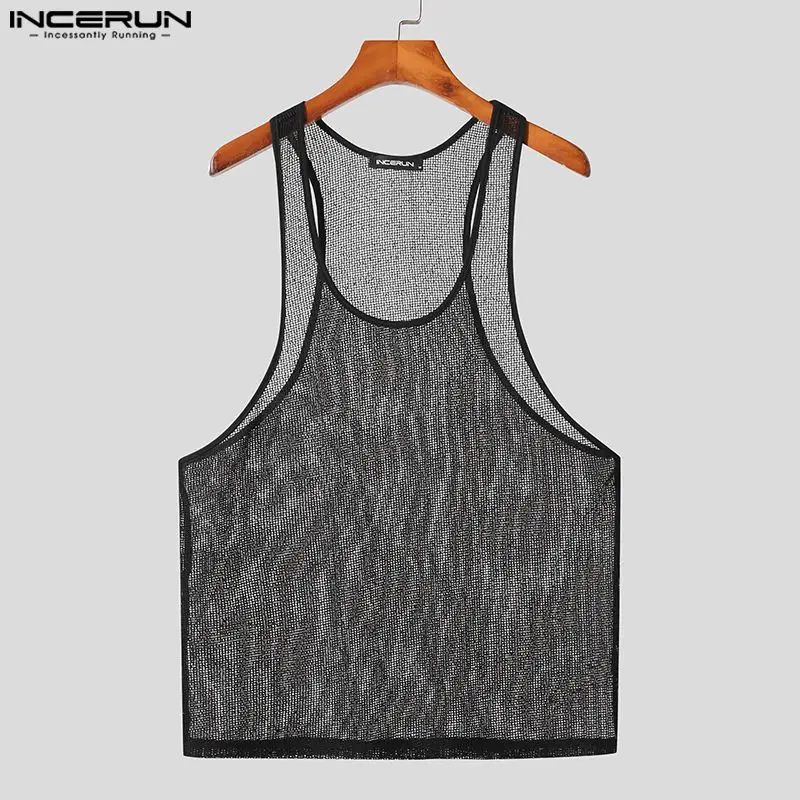 INCERUN Men Tank Tops Mesh Transparent O-neck Sleeveless Sexy Vests Streetwear Summer Breathable 2023 Fashion Men Clothing S-5XL