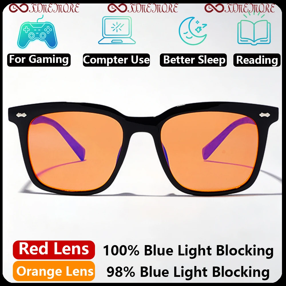 Black Square Frame Blue Light Blocking Glasses Red Orange Tint with Wood Temples UV400 Anti Fatigue for Computer Gaming Sleeping