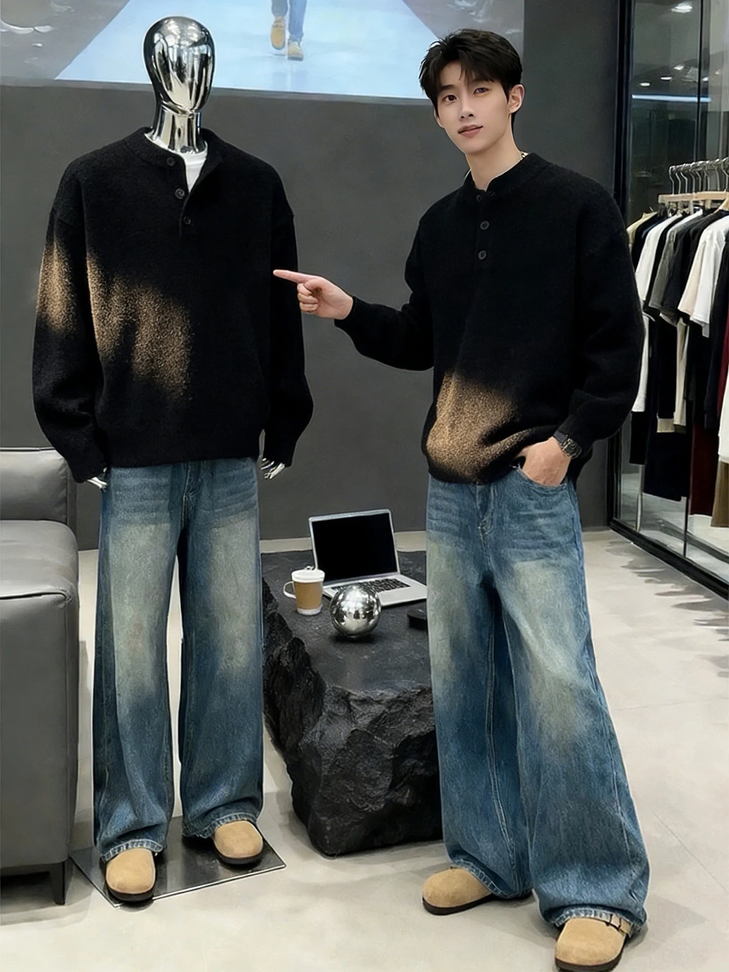 

American Sle Men's Knitted Sweater Henry Collar Ne Base Layer Winter Casual Outerwear Thiened Long Sve Polyeste...