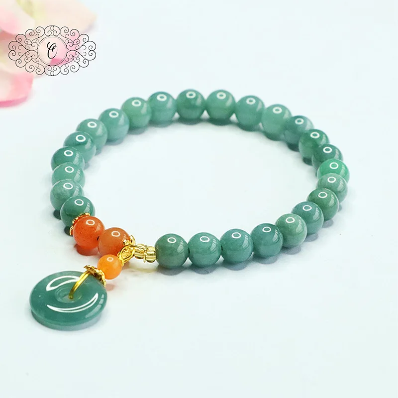

Elegant Oily Green Jade Bracelet With Peace Buckle Charm, Natural Gemstone Healing Jewelry, Auspicious Gift 7mm