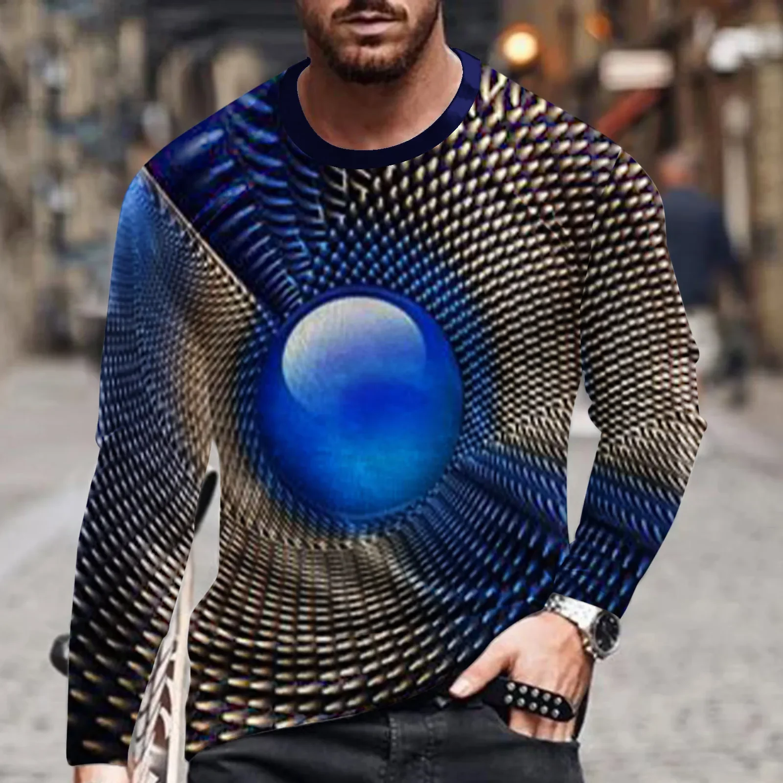 Men Polyester Long Sleeve T-shirt 3D All Over Print Optical Illusion Vortex Swirl Trippy Visual Art Casual Graphic Tee