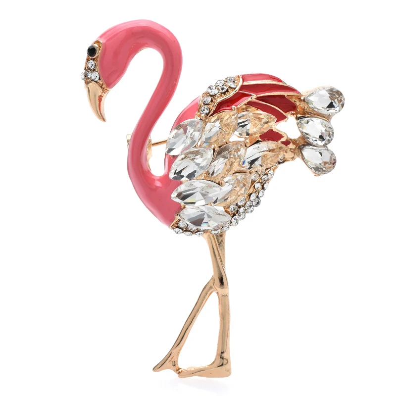 Wuli&baby Beauty Flamingo Bird Brooches Pins For Women Unisex Rhinestone Enamel Pretty Animal Party Office Brooch Gifts