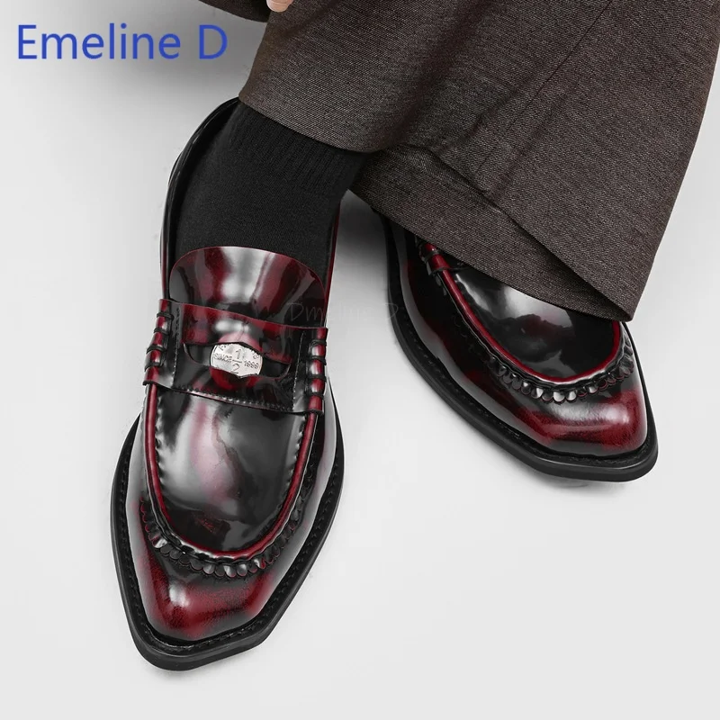 Men Business Loafers Square Pointed Toe Metal Badge Accent Stitch Craft Slip On Low Heel Office Commute Banquet Casual Shoes