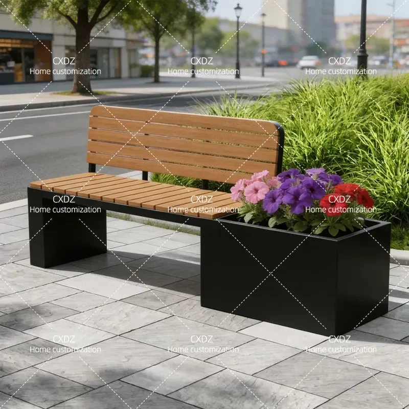 Outdoor Wrought Iron Bench with Flower Box Planter Commercial Street Rest Stool Square Garden Fence Park Seating Combination