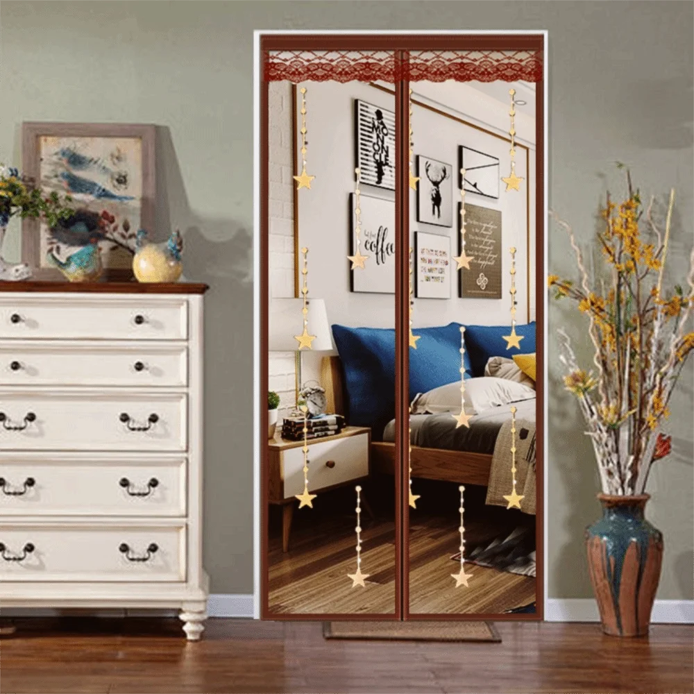 Embroidered Magnetic Screen Door Curtain No Punching Insect-proof Mesh Door Curtain Well-ventilated Automatic Closing