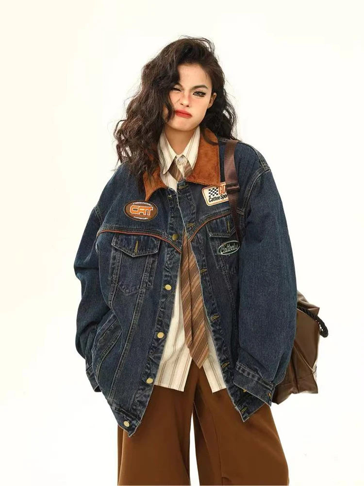 

Vintage Patchwork Jeans Coats Y2K American Streetwear Loose Lapel Jacket Bf Spring New Letter Embroidery All Match Denim Outwear