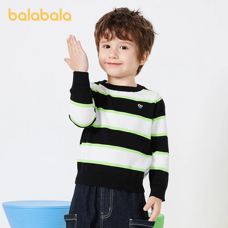 

Balabala Toddler 2023 Boy Sweater Knitwear Fashion Autumn New Stripe Contrast Color Embroidery Cotton Trendy