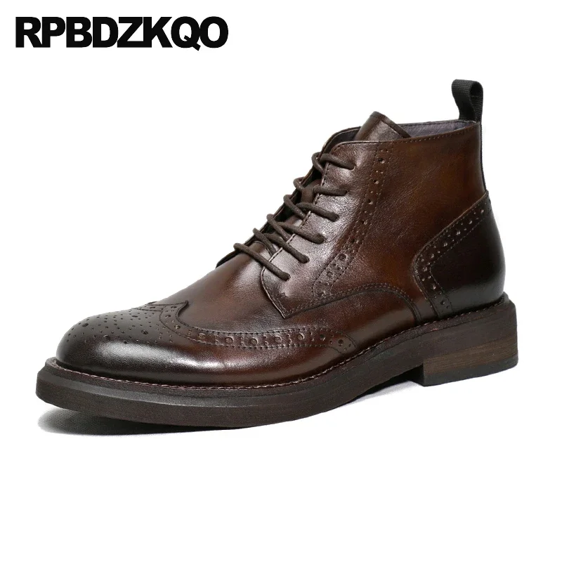 

Men Boots Oxfords Brown Cow Leather Flats Fur Lined Genuine Derby Big Size Booties Brogue Dress Short Shoes Lace Up Wingtip 45