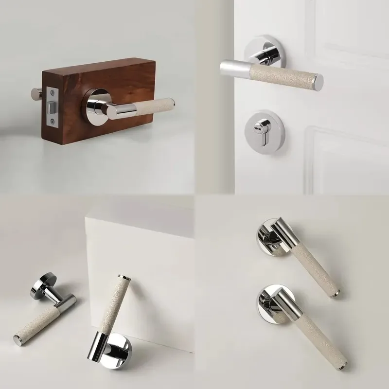 High-end Customizable Leather Lever Door Handles with Solid Brass Construction and Shiny Chrome Finish for Luxury Villas