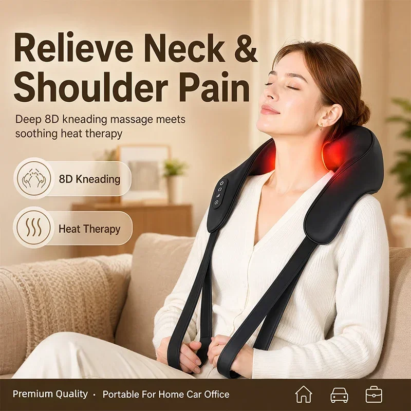 Shiatsu Neck and Shoulder Massager Heated Back Massager U Shape Deep Kneading Electric Massage Pillow For Neck Waist Leg Body