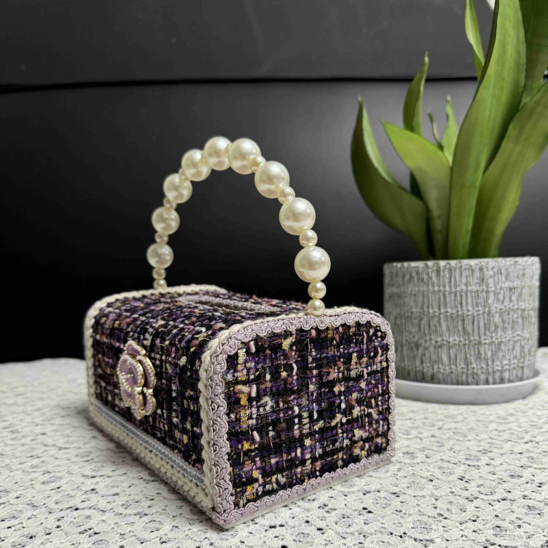 Beauty Tissue Case Pearl Handle Tissue Box Purple Elegant Flowers Livingroom Napkin Holder Coffee Table Decoration Paper Box