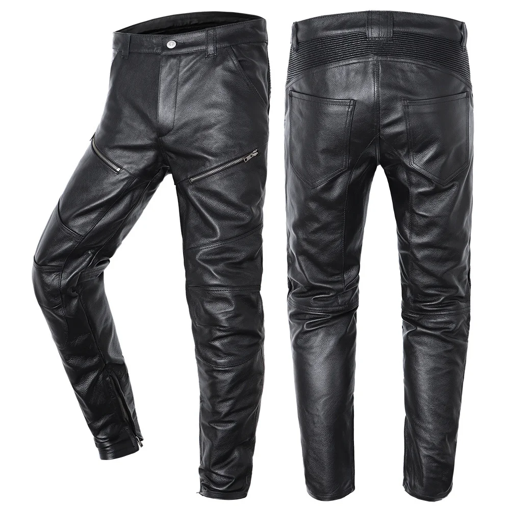 Pantaloni in vera pelle da Moto pantaloni da uomo in pelle bovina per uomo pantaloni Slim da motociclista di alta qualità possono installare protezioni per le ginocchia