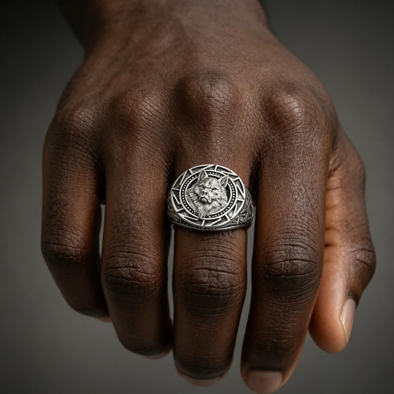 Weiwai Powerful Male Warrior Ring -  Silver Nordic Mythology Viking Warrior Wolf Head Male Ring - Wolf Totem Titanium Silver