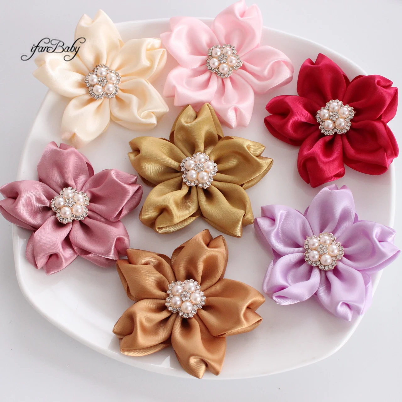

Cherry Blossom Hair Flower with Cute Pearl and Rhinestone Center Sweet Girl's Fabric Ribbon Hair Accessories