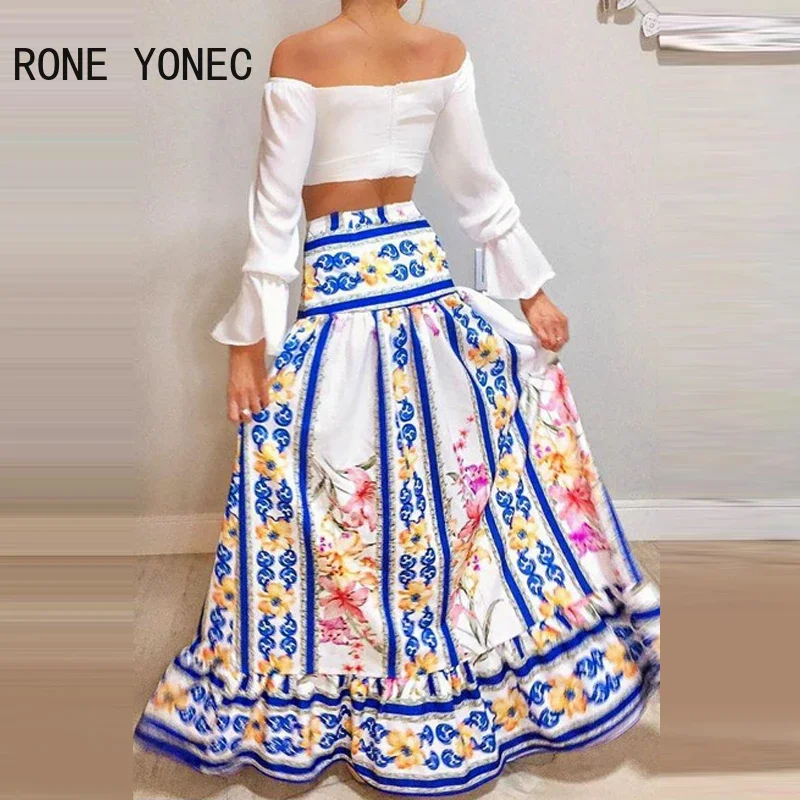 Women Chic  V neck Off shoulder Long Flared Sleeves Solid Tops and All over Print bottoms skirt Sets